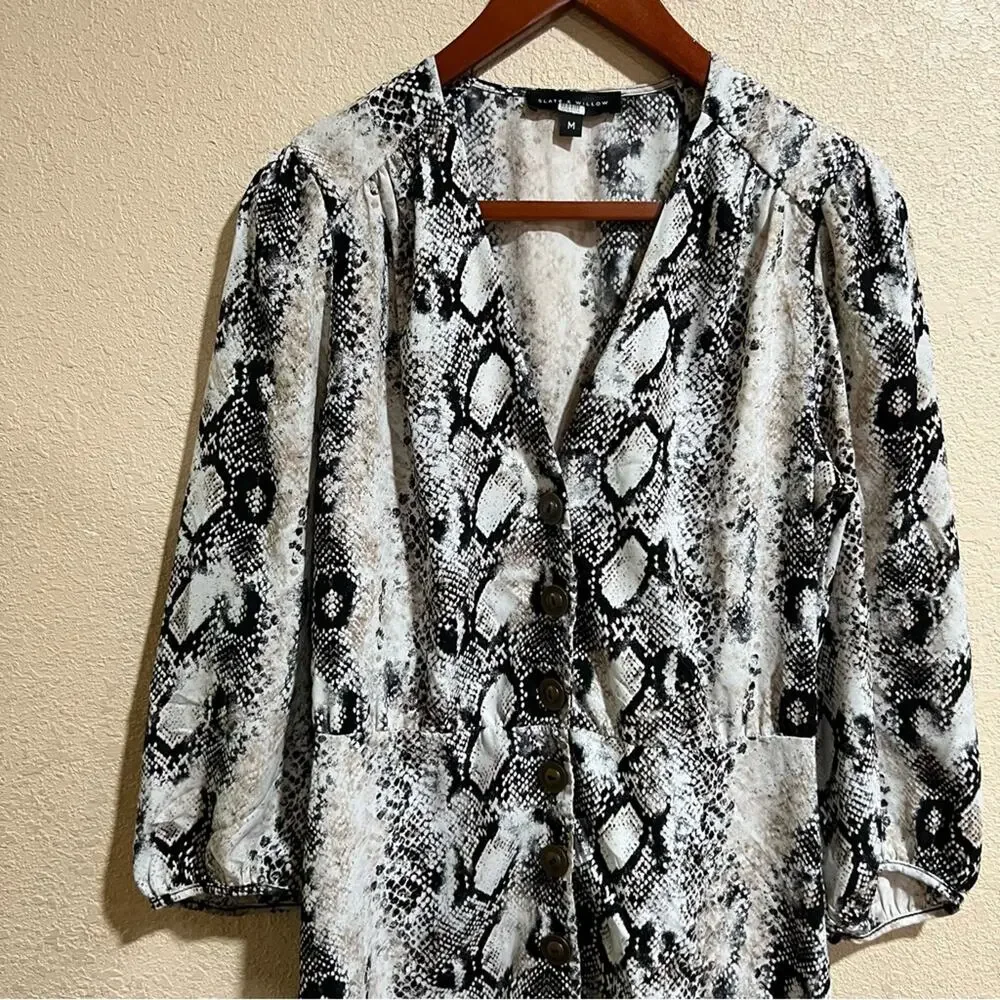 Slate & Willow Python Snake Puff Sleeve Lightweight Button Front Dress_4